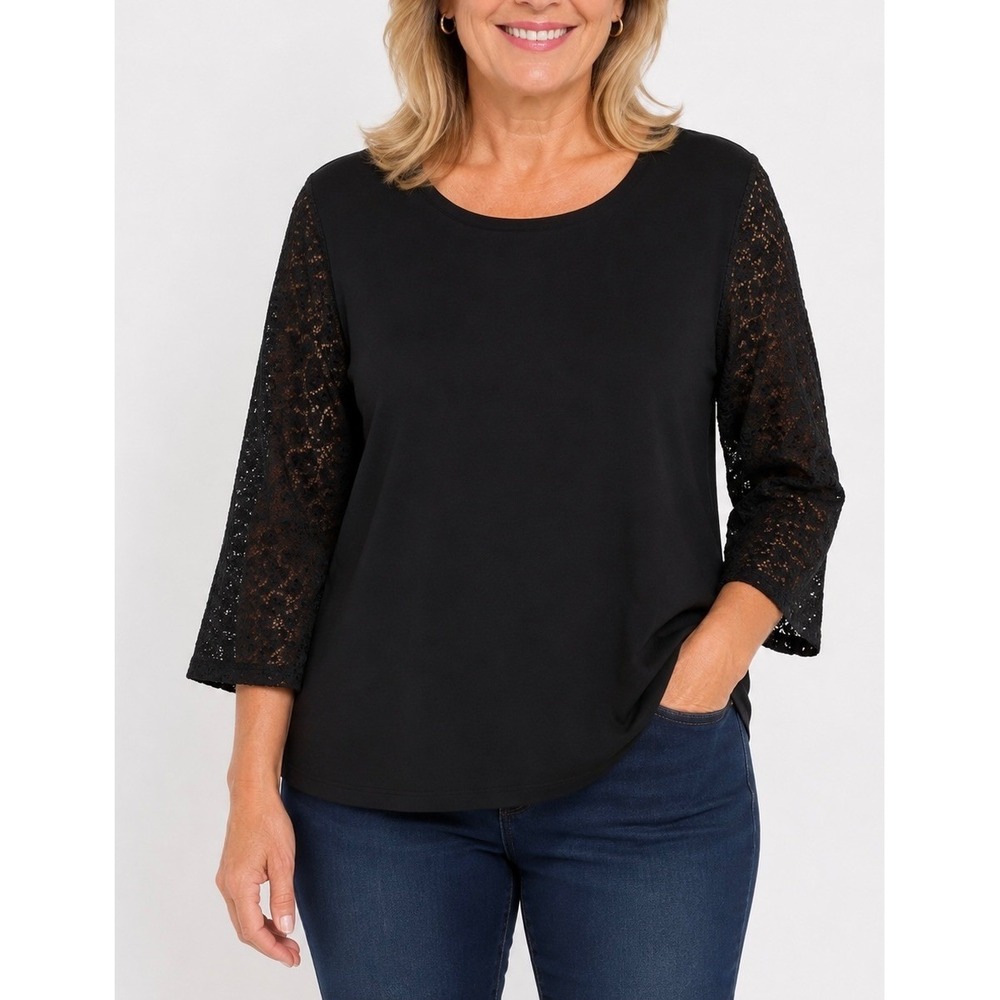 Denim & Co Lace Sleeve Top Women 1X Black 3/4 Sleeve Feminine Romantic Timeless